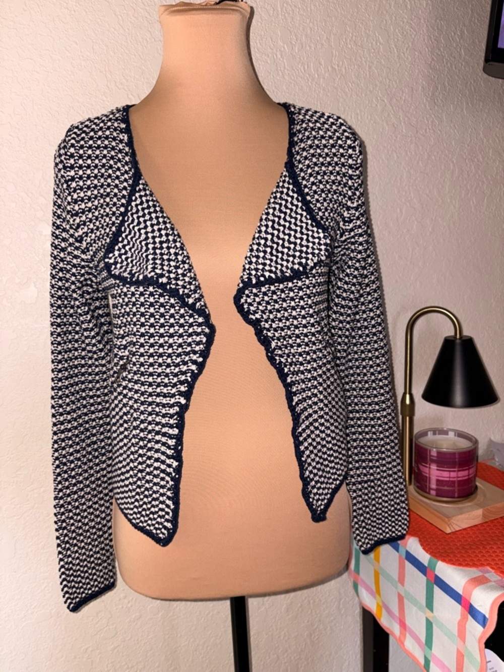 BODEN Open-Front Navy & White Knit Sweater Cardigan